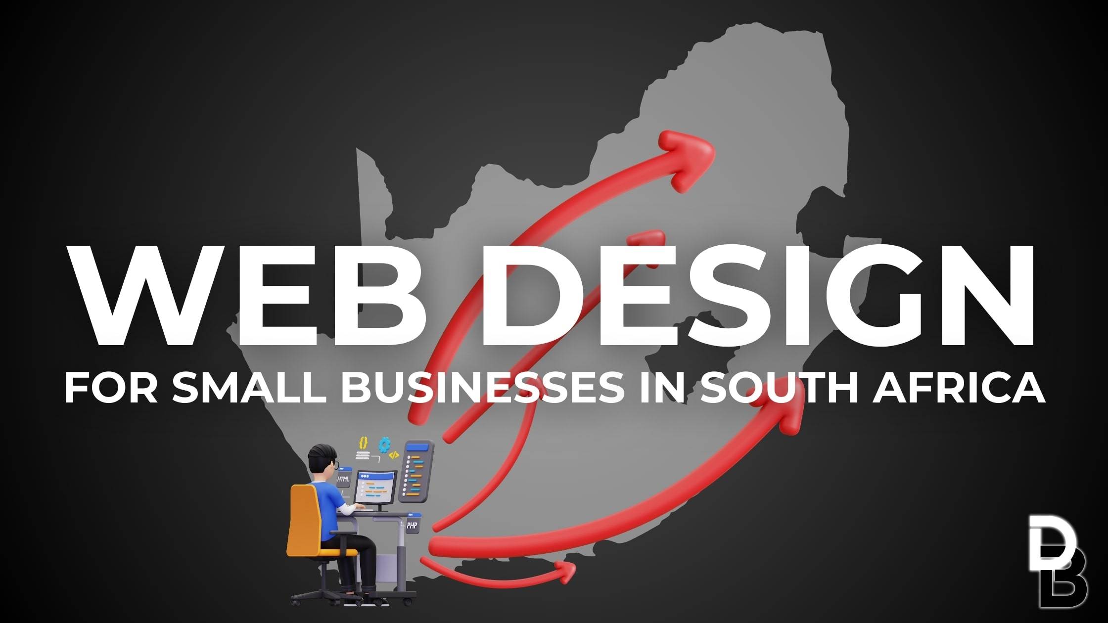 Banner image highlighting web design as a growth lever for small businesses in south africa, featuring a designer at work with a rising arrow across the south african map.