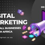 Graphic design featuring text saying "digital marketing for small businesses south africa" and a computer screen projecting a megaphone shooting marketing elements.
