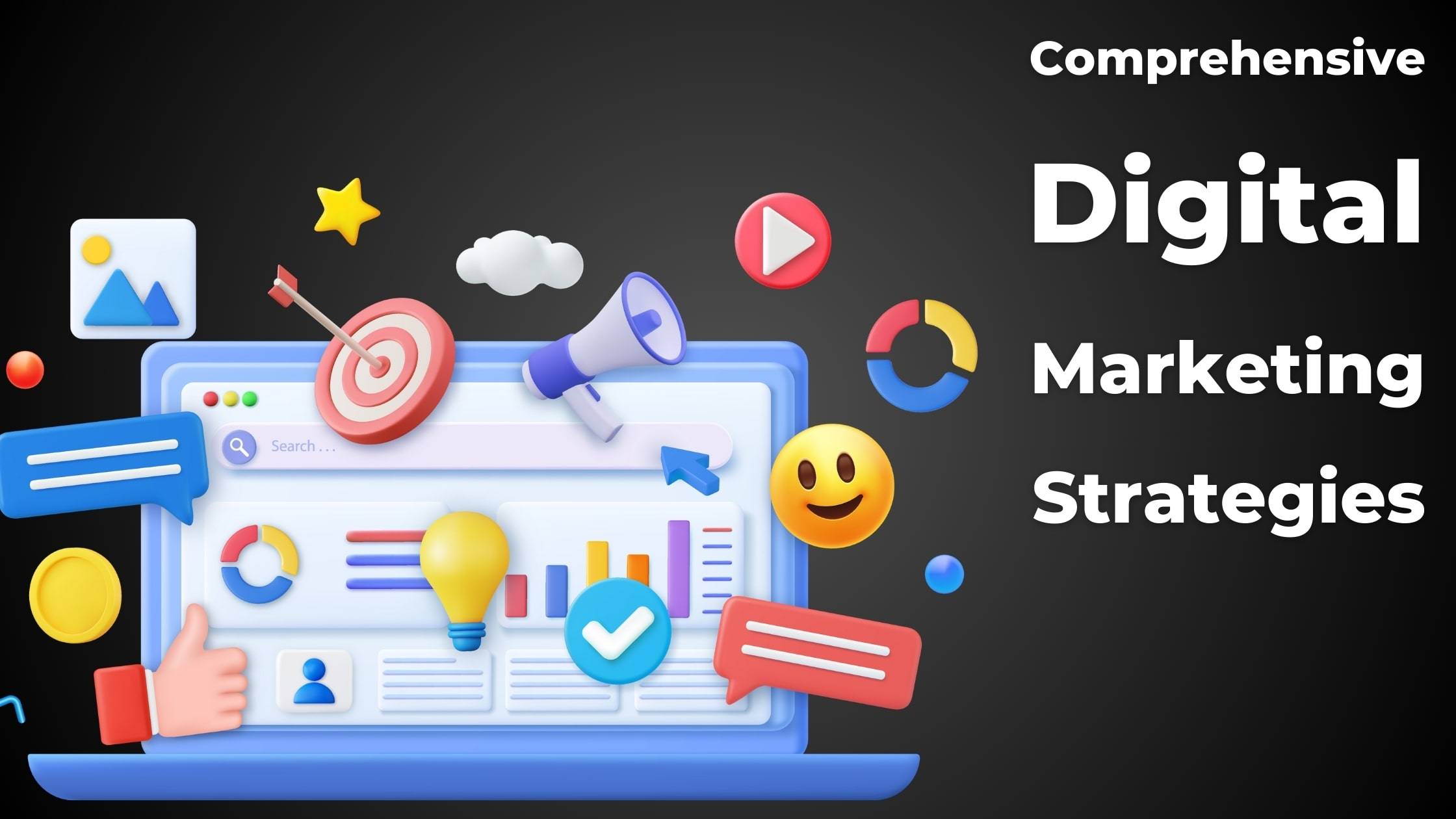 Bright and engaging graphic with a variety of marketing and social media icons around a central computer monitor, representing comprehensive digital marketing strategies tailored for businesses in cape town.