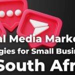 Social media marketing strategies for small businesses in south africa, accompanied by a 3d animated graphic of red social media engagement icons.