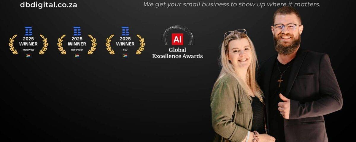 Cover photo of db digital marketing agency detailing the company slogan "value first - pay later" with a subtitle stating "we get your small business to show up where it matters. " lounelle and daniel bresler stand together on the right side of the image while the left side features their various global excellence awards.