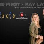 Cover photo of db digital marketing agency detailing the company slogan "value first - pay later" with a subtitle stating "we get your small business to show up where it matters. " lounelle and daniel bresler stand together on the right side of the image while the left side features their various global excellence awards.