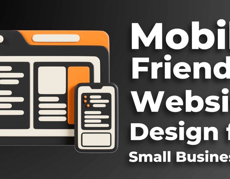 Text saying "mobile friendly website design in south africa for small businesses", accompanied by a 3d animated responsive ux in charcoal and orange.