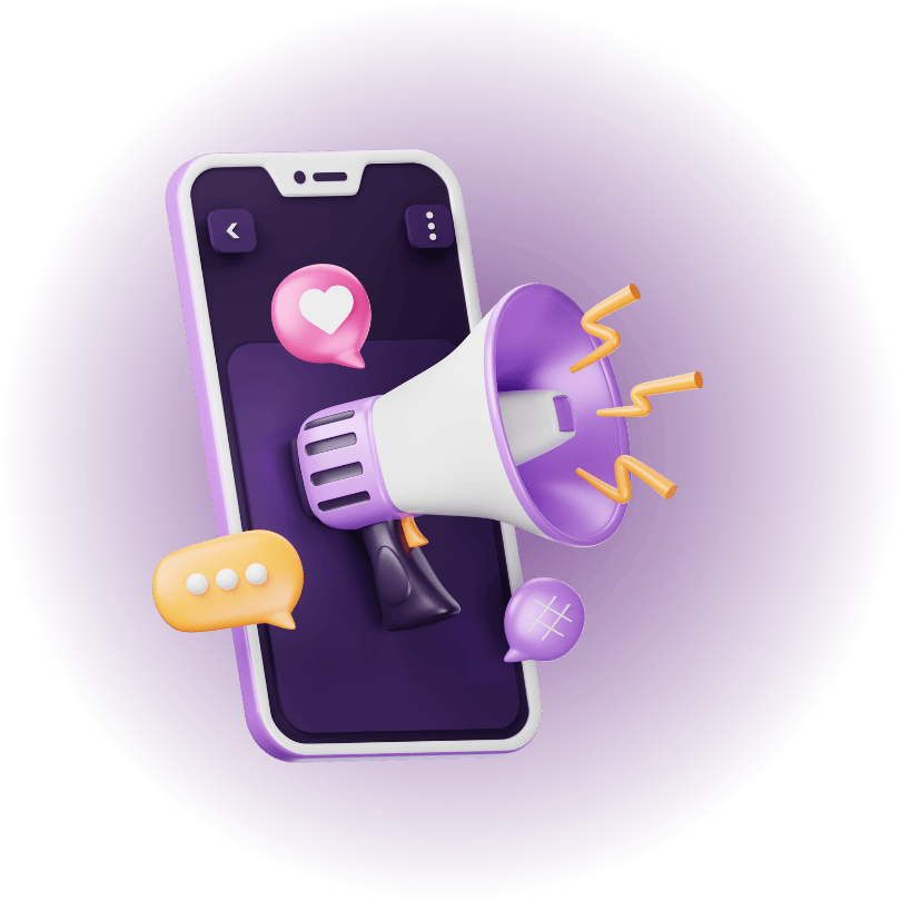 3D-animated smartphone with floating marketing elements from DB Digital Marketing Agency.